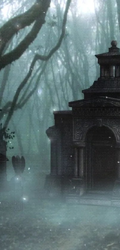 Eerie forest with mist and gothic tombs in dark cyan tones.