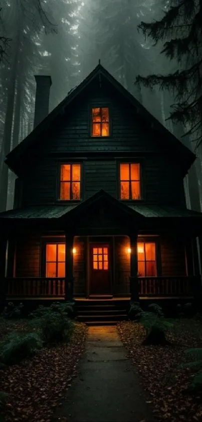 Eerie cabin with glowing windows in a misty, dark forest setting.