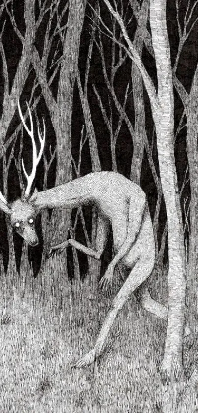 Eerie creature in monochrome forest setting wallpaper.