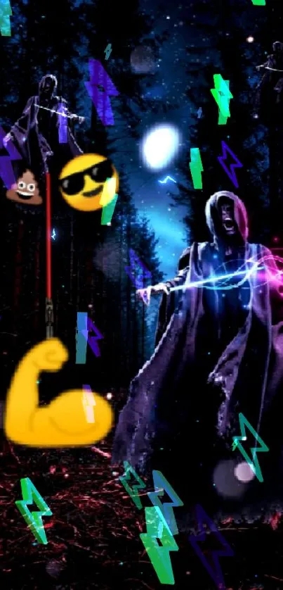 Cloaked figure in dark forest with colorful glowing light trails.