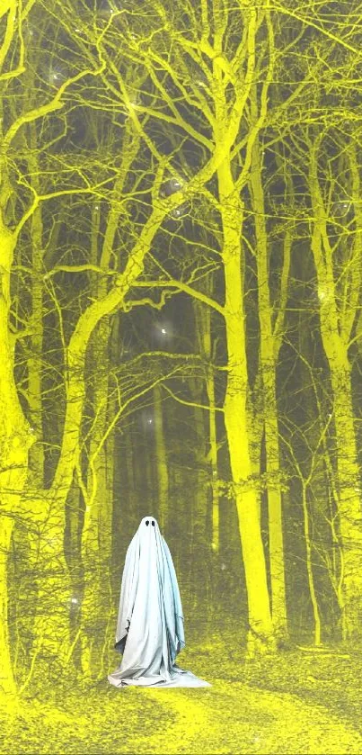 Ghostly figure in yellow forest at night, creating an eerie and mystical ambiance.