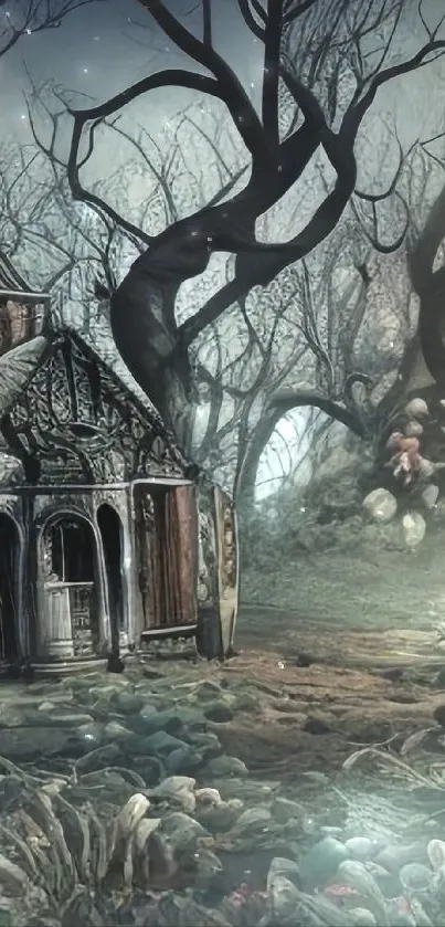 Eerie artwork of forest with mysterious house.