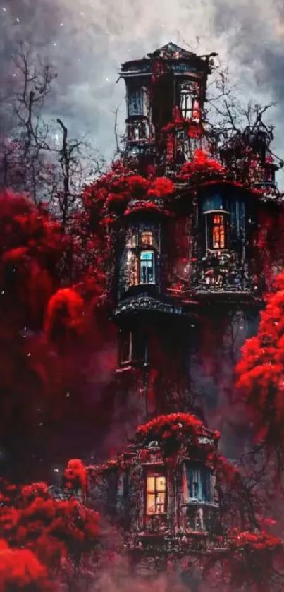Dark mysterious house wallpaper with red foliage.