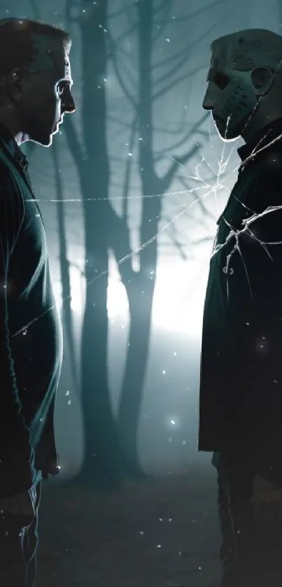 Eerie forest scene with masked figures meeting silhouette.