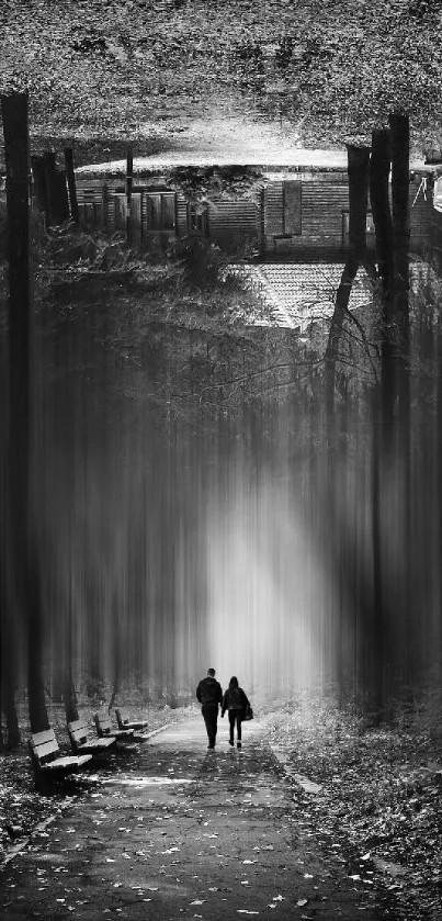 Black and white forest path with blurry trees and two figures walking.