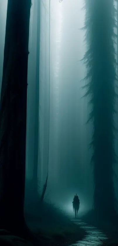 Mysterious figure in a misty teal blue forest.