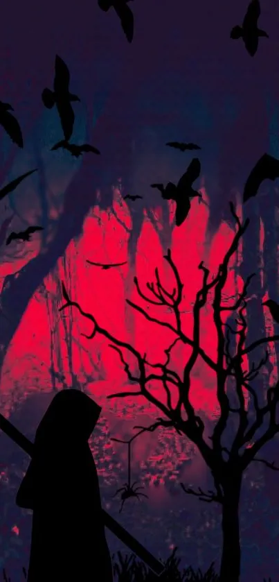 Eerie forest wallpaper with dark silhouettes and red tones.