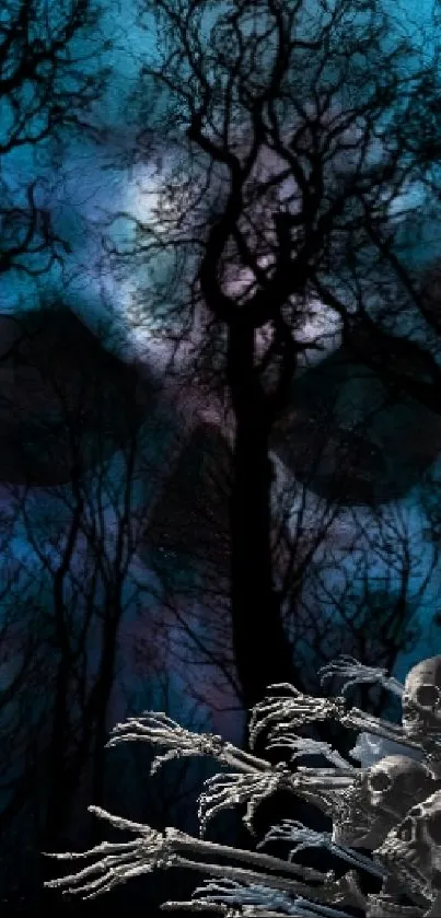 Eerie forest with dark trees and skulls in the foreground for phone wallpaper.