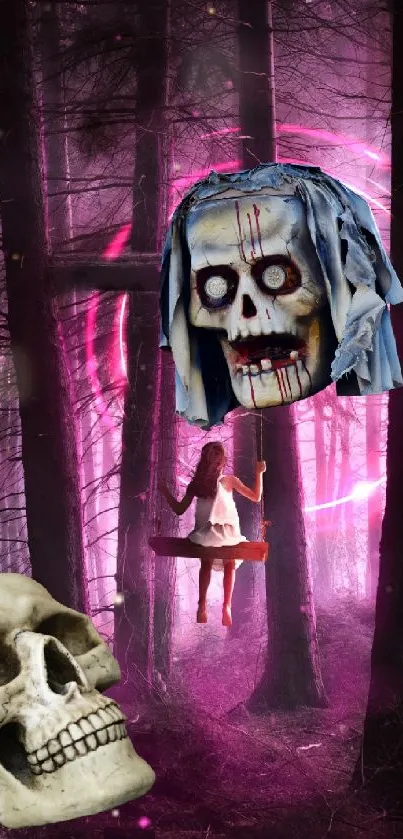 Eerie forest wallpaper with skulls and ghostly swing in purple tones.
