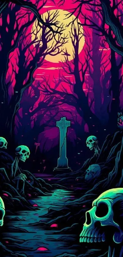 Neon skull forest with eerie ambiance and gothic art design.