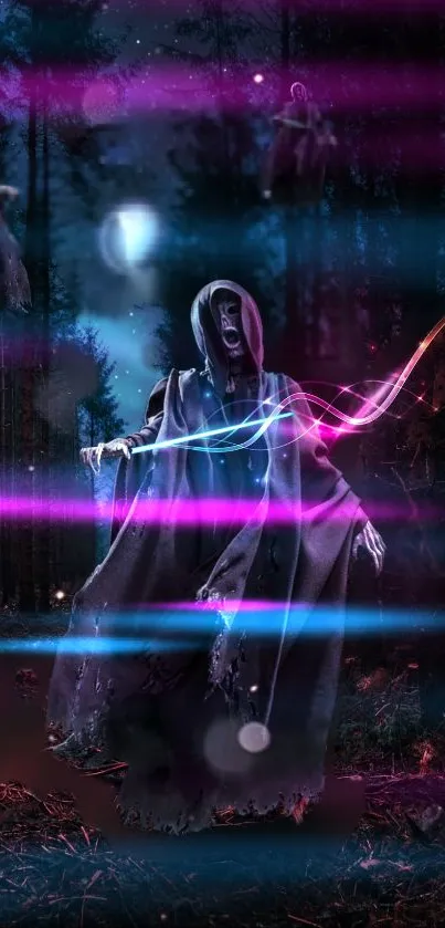 Eerie hooded specter in dark forest with vibrant light streaks.