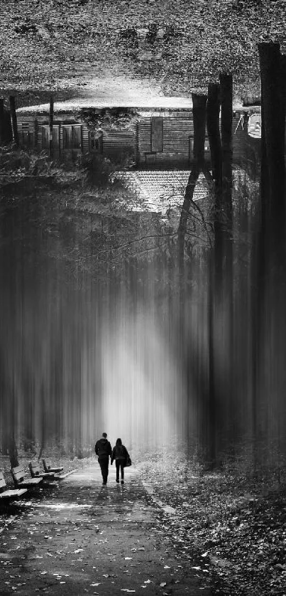 Mysterious silhouette walk in foggy forest wallpaper.