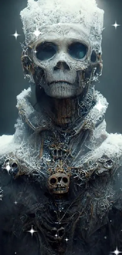 Frosted skeleton with crown in gothic art style.