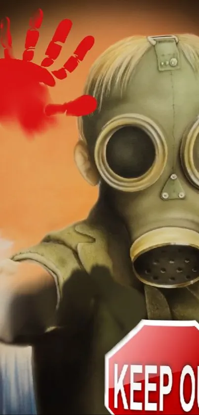 Gas mask figure with red handprint and 'Keep Out' sign on wallpaper.