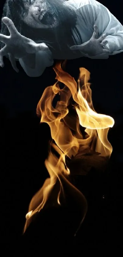 Ghostly figure over flames on dark background.