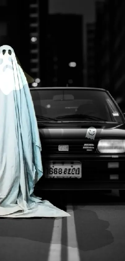 Ghostly figure in front of a classic car in a city street at night.