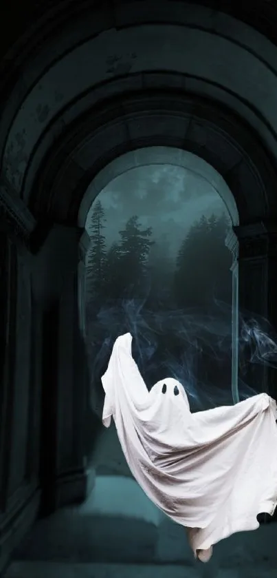 Ghost floating in a gothic archway with a haunted forest backdrop.