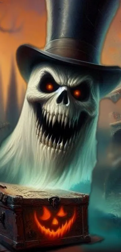 Sinister ghost skull with top hat and eerie pumpkin chest.