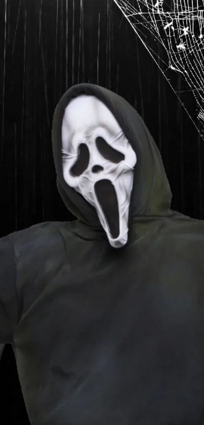 Chilling ghost mask with spider web on dark background.