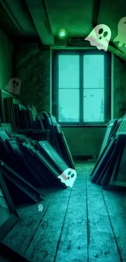 Ghostly figures float in a dim, teal-lit attic.