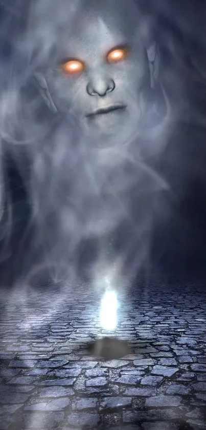 Ghostly face with glowing eyes in foggy night wallpaper.