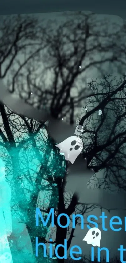 Eerie forest with ghostly figures and dark trees.