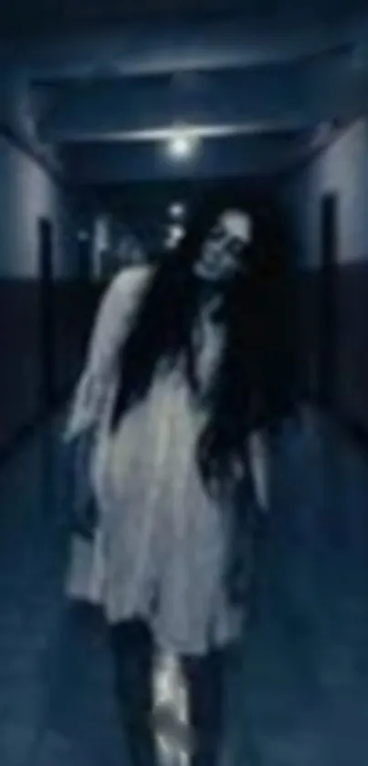 Eerie ghostly figure in a dark hallway.