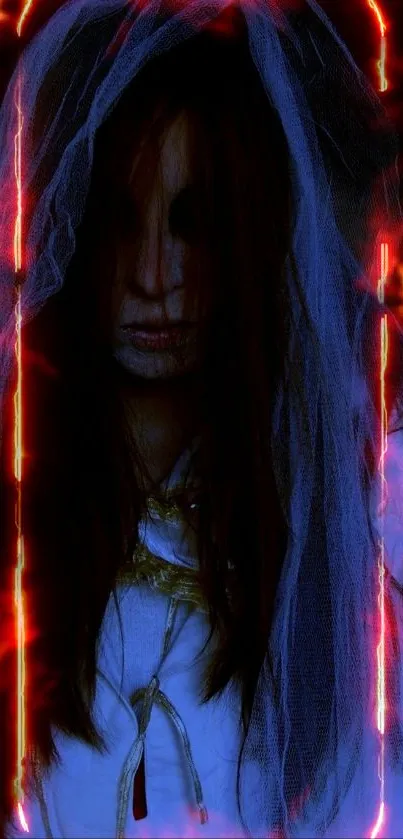 Ghostly figure in a veil within a dark, eerie room.