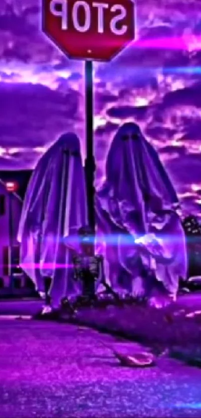 Ghostly figures beneath a purple sky.