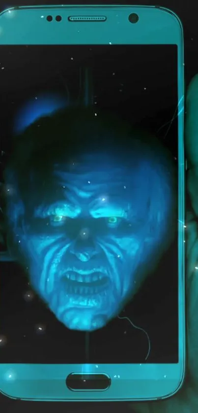 Ghostly face glowing on mobile screen with eerie teal effects.