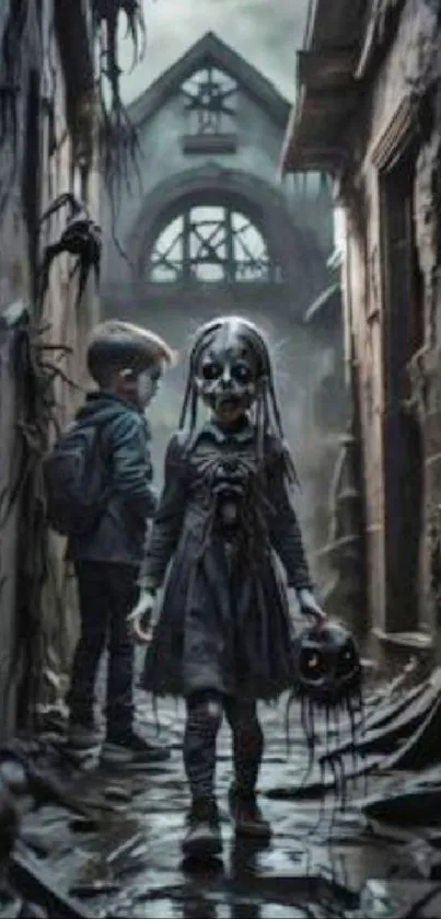 Children in eerie gothic alley holding masks.