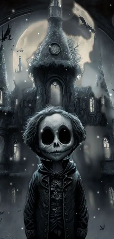 Eerie Gothic castle with skeleton character under a full moon.