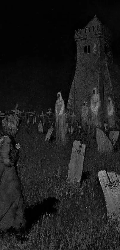 Eerie scene with gothic church and ghosts in a dark graveyard.
