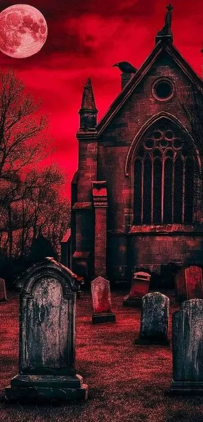 Gothic graveyard under a blood-red moonlit sky.