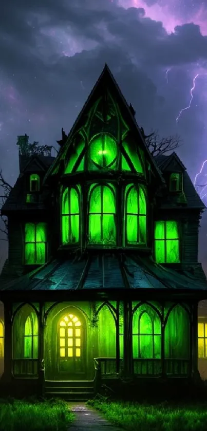 Gothic house with glowing windows beneath a purple stormy sky.