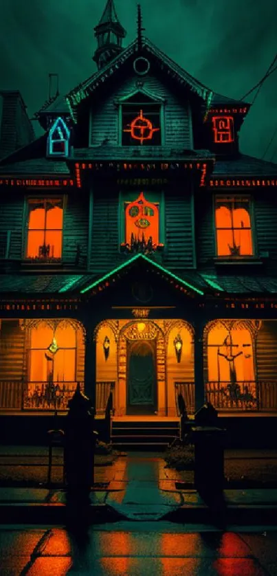 Gothic house with glowing windows in a spooky, teal-dominated night scene.