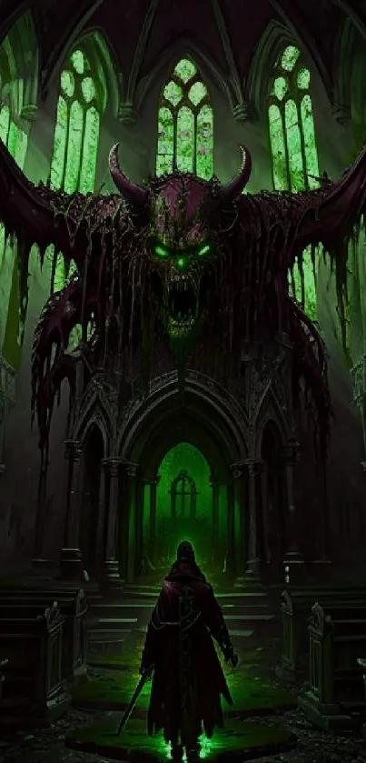 Gothic cathedral with green-eyed monster silhouette.