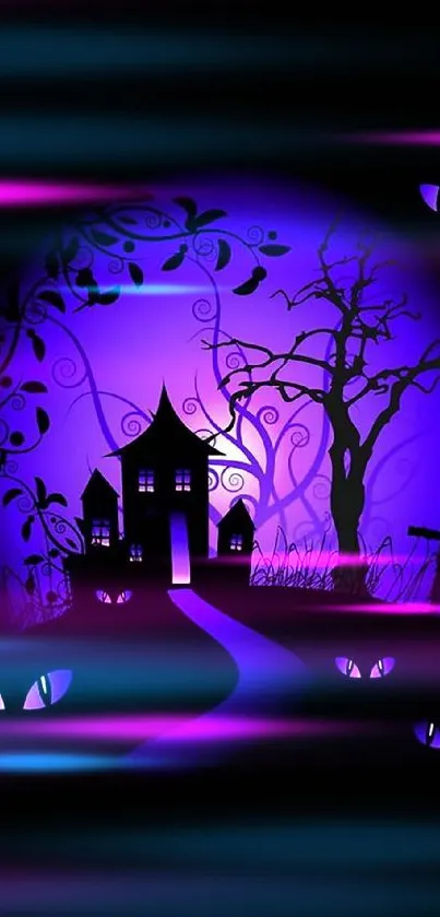 Gothic night with haunted house and purple glow.