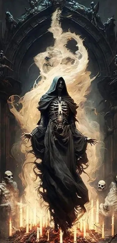 Gothic skeleton in a cloak surrounded by candles and eerie atmosphere.