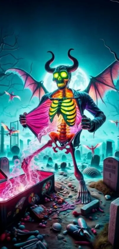 Gothic skeleton with neon colors in a mystical graveyard.