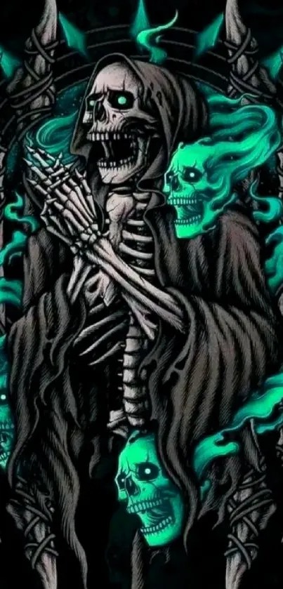 Gothic skull art with teal accents featuring a hooded figure.