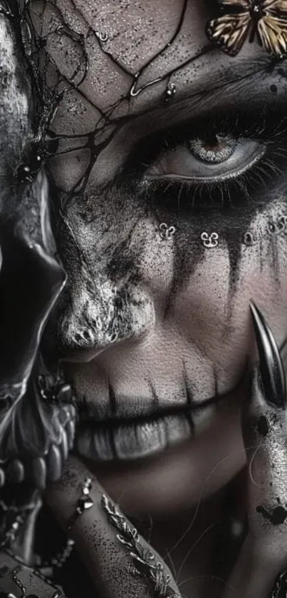 Eerie gothic wallpaper with skull and intricate details.