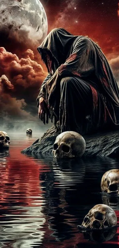 Gothic scene with skulls, hooded figure, and crimson sky.