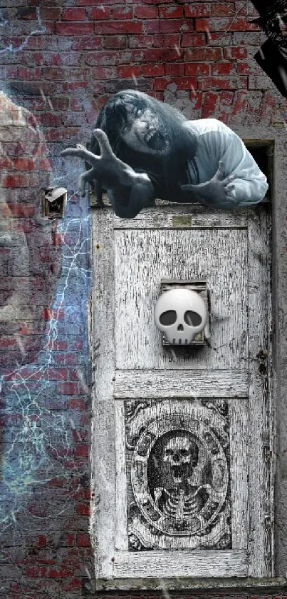 Gothic wallpaper with skull and ghost on brick wall.