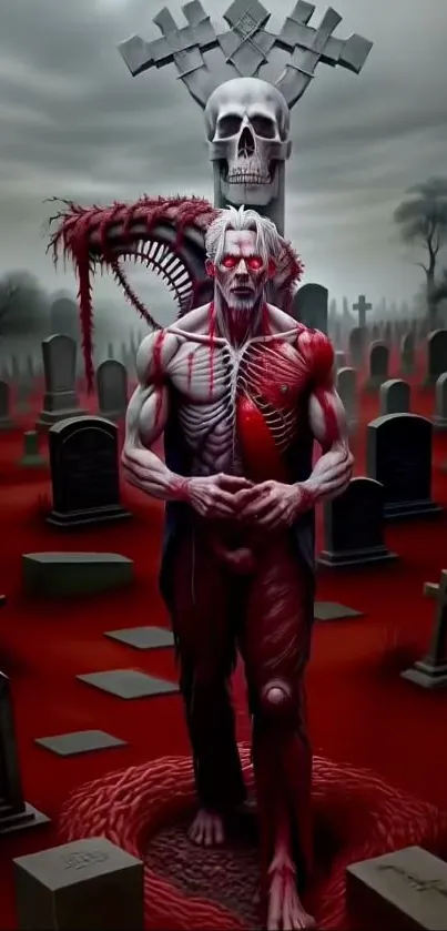 Graveyard scene with a red demon in surreal artwork.