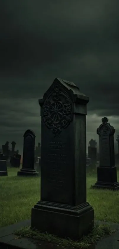 Eerie graveyard with gothic tombstones under a dark sky.