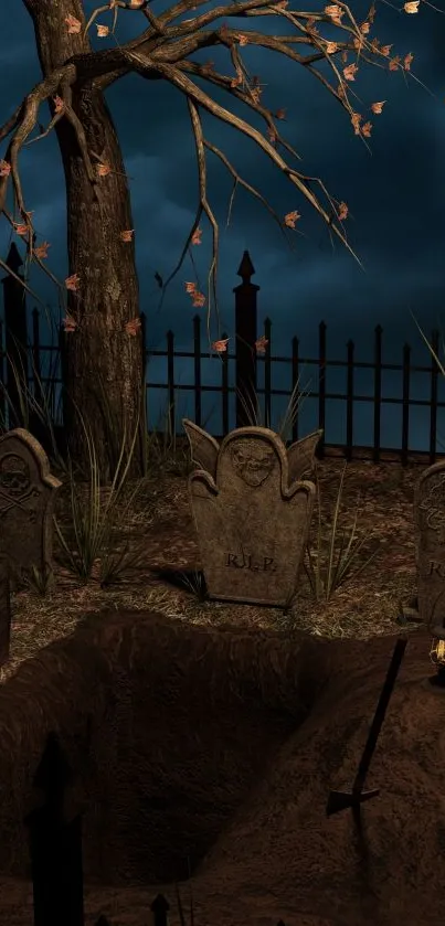 Spooky graveyard at night with full moon.