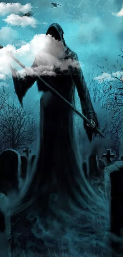 Reaper standing in a foggy, eerie graveyard with a dark, mystical atmosphere.