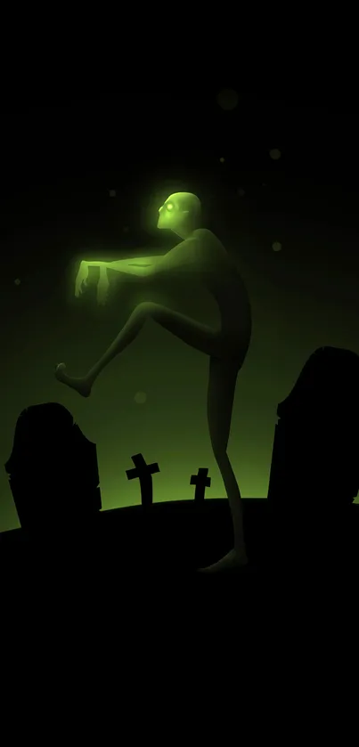 Glowing green figure in dark cemetery wallpaper.