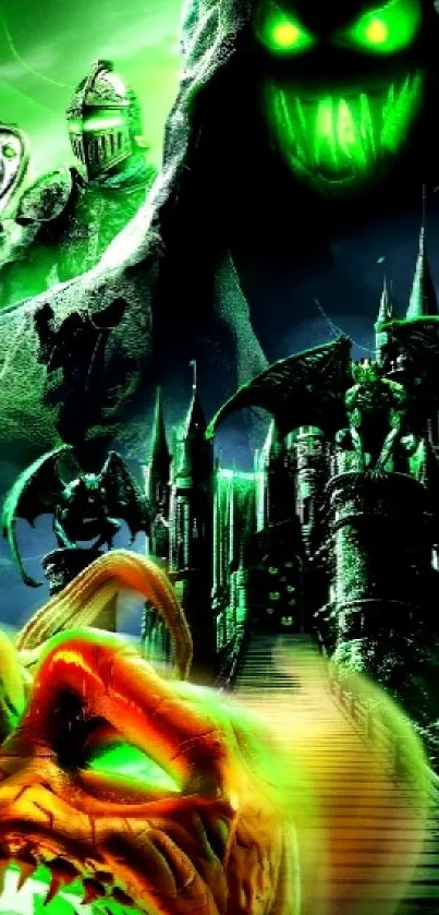 Eerie fantasy horror wallpaper with a green glow and a hooded figure.